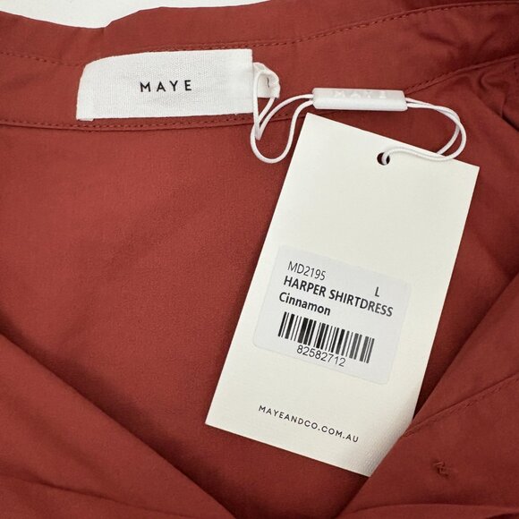 NWT MAYE Harper Shirtdress Size L Cinnamon Midi Cotton Poplin Cap Sleeve Pockets - Picture 11 of 15
